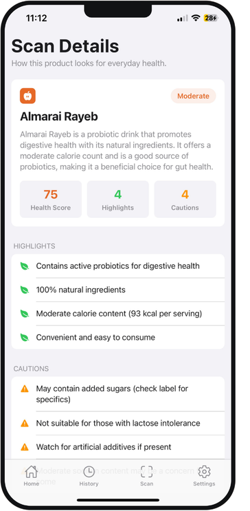 FoxScan scan details screen showing a health score of 75, ingredient highlights, and cautions.