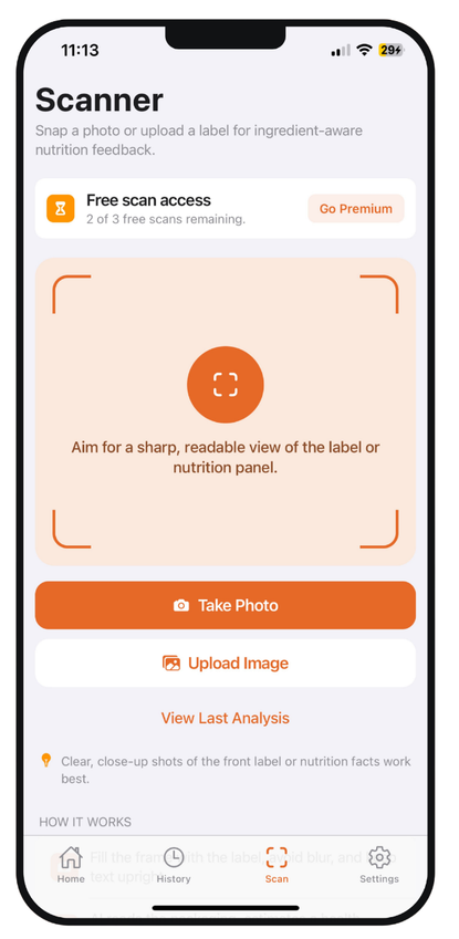 FoxScan scanner screen with a camera frame and 'Take Photo' and 'Upload Image' buttons.